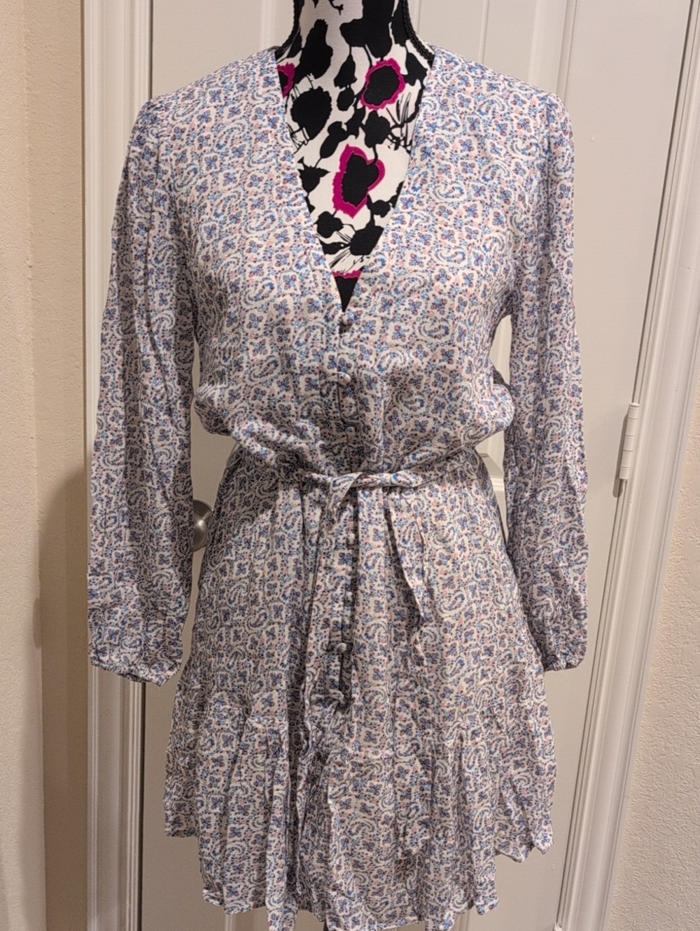 PAIGE Light Blue Floral Tie-Waist Long Sleeve Mini Dress Size 4 NWT